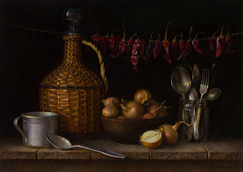 The painter Igor Sventitski. Artwork Picture Painting Canvas Composition Still Life with Onions and Hot Peppers. 2022, 50 x 70,5 cm, oil on canvas