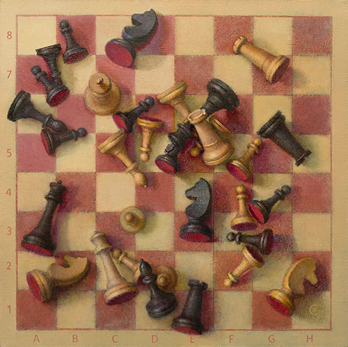 The painter Igor Sventitski. Artwork Picture Painting Canvas Composition Still Life Chess. 2022, 40 x 40 cm, oil on canvas