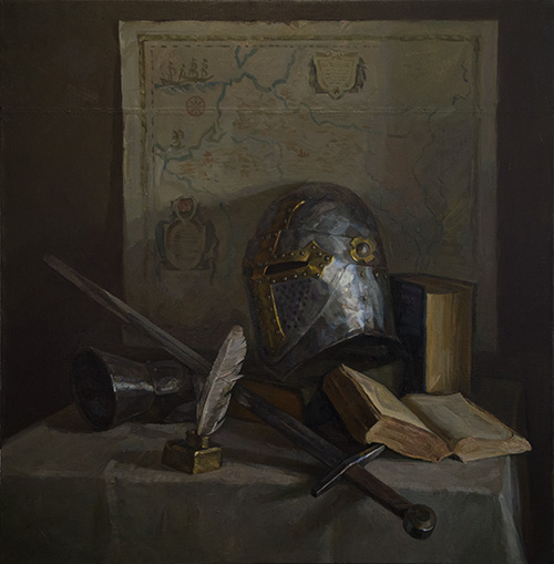 The painter Igor Sventitski. Artwork Picture Painting Canvas Composition Still life. Novel of the knight. 2016, 89 x 90 cm, oil on canvas (knight, sword, book, helmet, map, pen)
