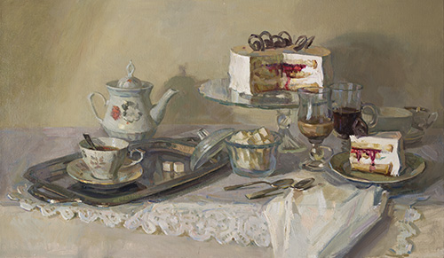 The painter Igor Sventitski. Artwork Picture Painting Canvas Composition Still life Sunday breakfast. 2016, 53 x 90 cm, oil on canvas (pie, tea, latte)