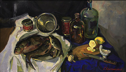 The painter Igor Sventitski. Artwork Picture Painting Canvas Composition Still life with fish. 2011, 60 x 105 cm, oil on canvas