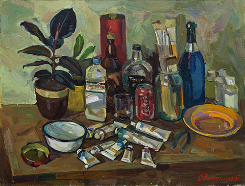 The painter Igor Sventitski. Artwork Picture Painting Canvas Composition Still life with paints and ficus. 2010, 60 x 80 cm, oil on canvas