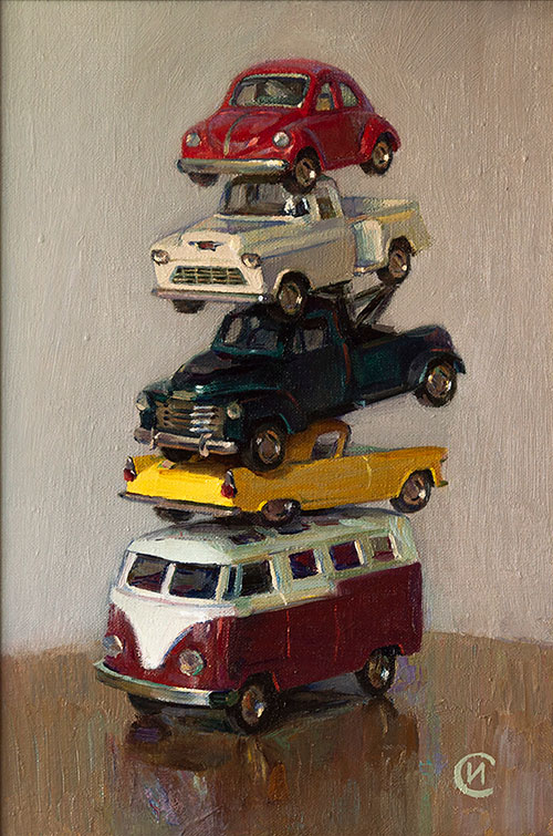 The painter Igor Sventitski. Artwork Picture Painting Canvas Composition Still life Models of cars. 2018, 35,5 x 23,5 cm, oil on canvas