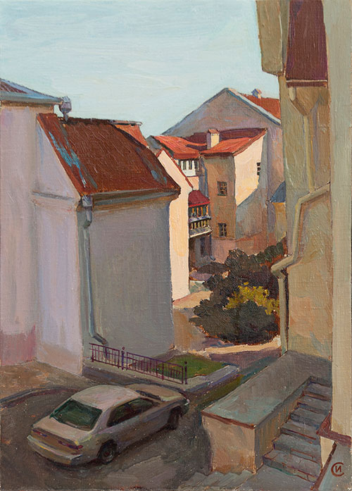 The painter Igor Sventitski. Artwork Picture Painting Canvas Composition Landscape Old courtyard. 2019, 46 x 32,5 cm, oil on canvas
