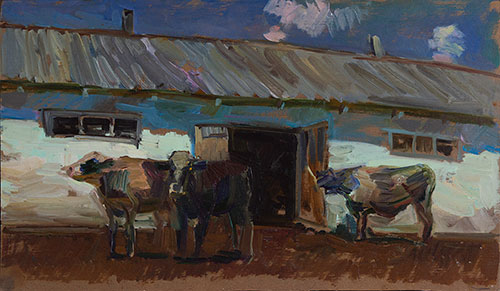 The painter Igor Sventitski. Artwork Picture Painting Canvas Composition Landscape On the farm. 2014, 30 x 52,5 cm, oil on canvas