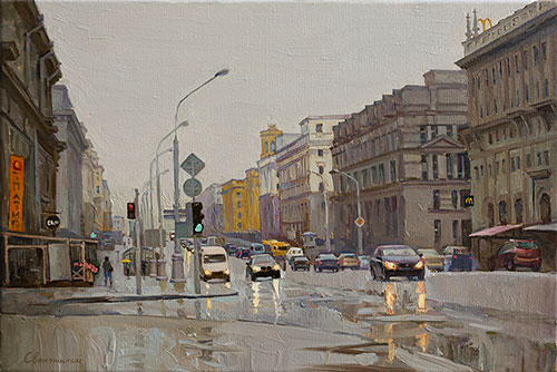 The painter Igor Sventitski. Artwork Picture Painting Canvas Composition Landscape Rainy city. 2019, 40 x 60 cm, oil on canvas