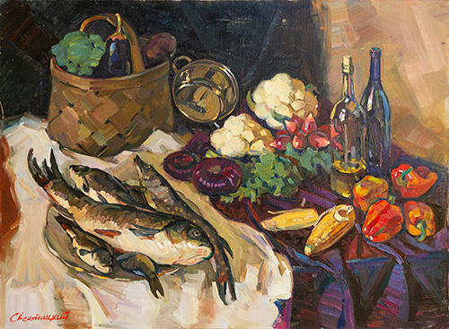 The painter Igor Sventitski. Artwork Picture Painting Canvas Composition Still life with fish. 2012, 70 x 95 cm, oil on canvas