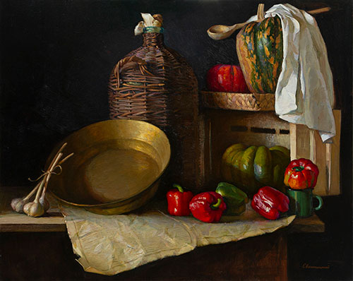 The painter Igor Sventitski. Artwork Picture Painting Canvas Composition Still life with peppers. 2020, 100 x 125 cm, oil on canvas
