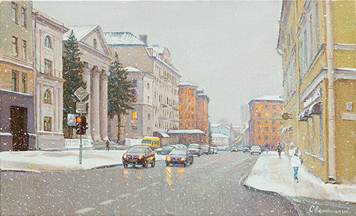 The painter Igor Sventitski. Artwork Picture Painting Canvas Composition Landscape Winter city. 2020, 33 x 54,5 cm, oil on canvas