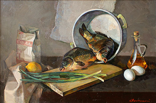 The painter Igor Sventitski. Artwork Picture Painting Canvas Composition Still life. Fish with lemon. 2017, 50 x 80 cm, oil on canvas