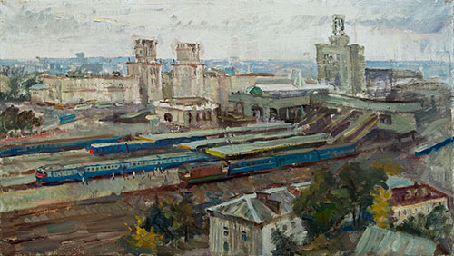 The painter Igor Sventitski. Artwork Picture Painting Canvas Composition Landscape Railway station. 2013, 40 x 70 cm, oil on canvas