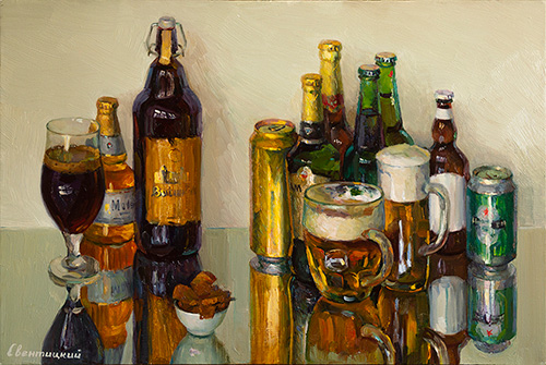 The painter Igor Sventitski. Artwork Picture Painting Canvas Composition Still life with beer. Final day. 2018, 50 x 75 cm, oil on canvas