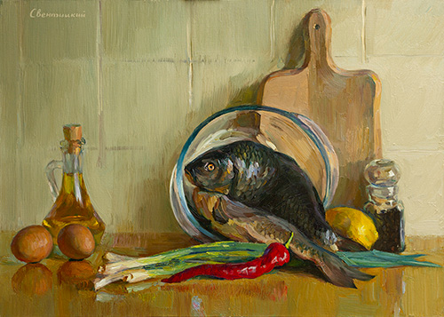 The painter Igor Sventitski. Artwork Picture Painting Canvas Composition Still life. In the kitchen. 2018, 50 x 70 cm, oil on canvas